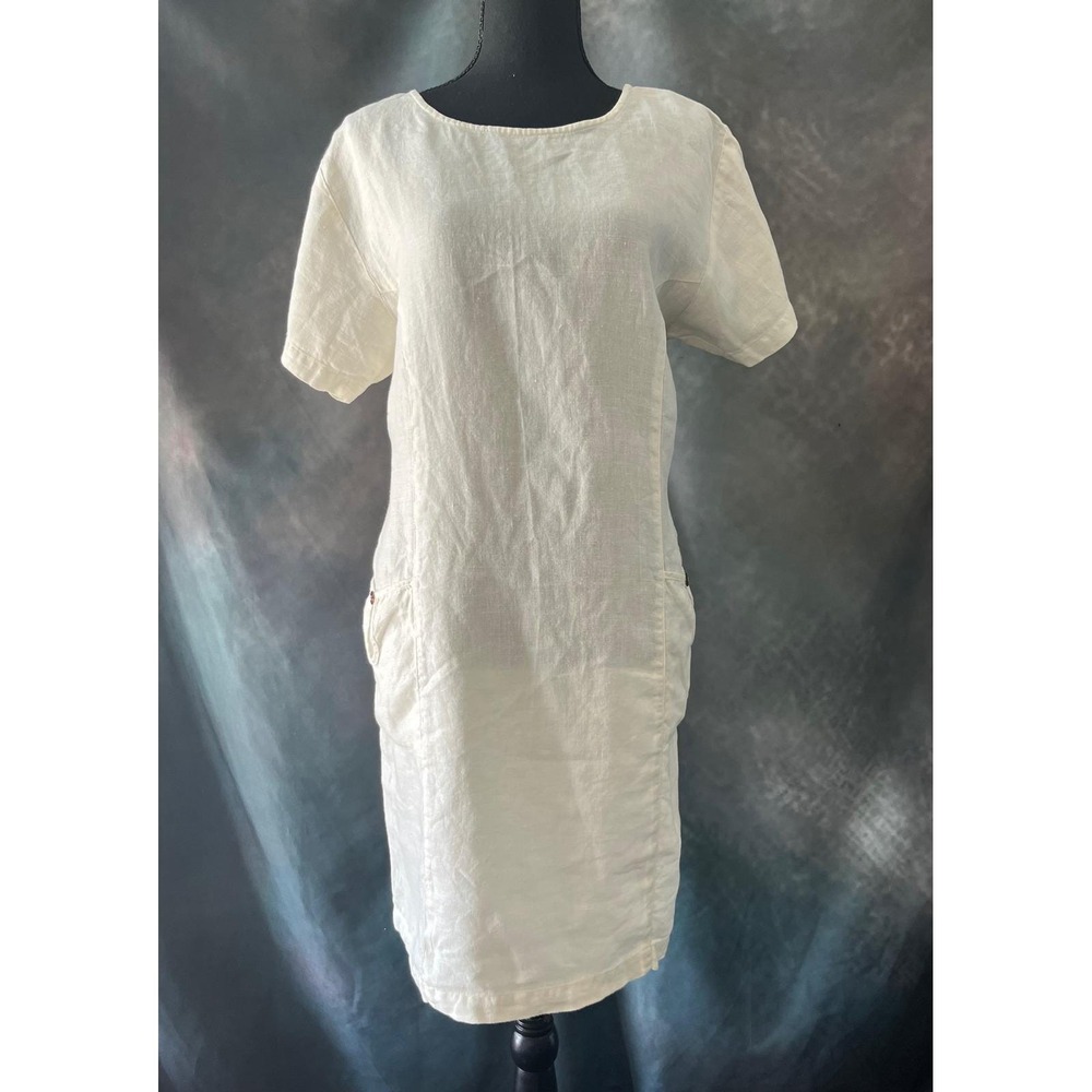 Kiko Linen Dress Womens Medium Vtg Y2K‎ Beige Short Sleeve Casual Pocket Summer
